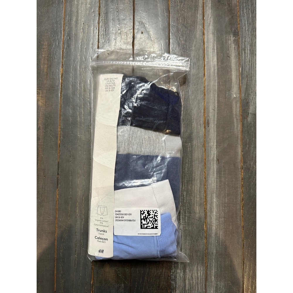 H&M Boys 5 Pack Organic Cotton Trunks Underwear Navy Blue Grey White